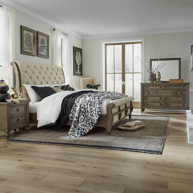 Liberty Furniture Americana Farmhouse - 4 Piece Bedroom Set (King Sleigh Bed, Dresser & Mirror, Nightstand) - Light Brown