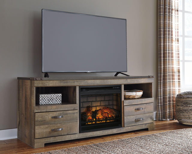Ashley Trinell - Brown - 63" TV Stand With Glass/Stone Fireplace Insert