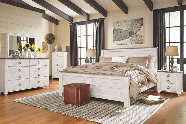 Ashley Willowton - Whitewash - 7 Pc. - Dresser, Mirror, California King Panel Bed, 2 Nightstands