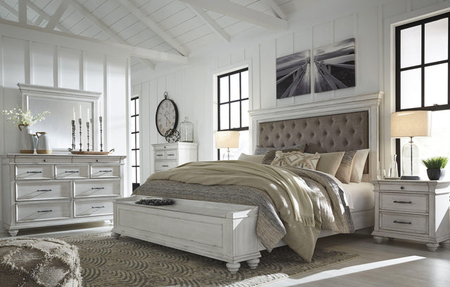Ashley Kanwyn - Whitewash - 5 Pc. - Dresser, Mirror, Queen Upholstered Bed with Storage Bench