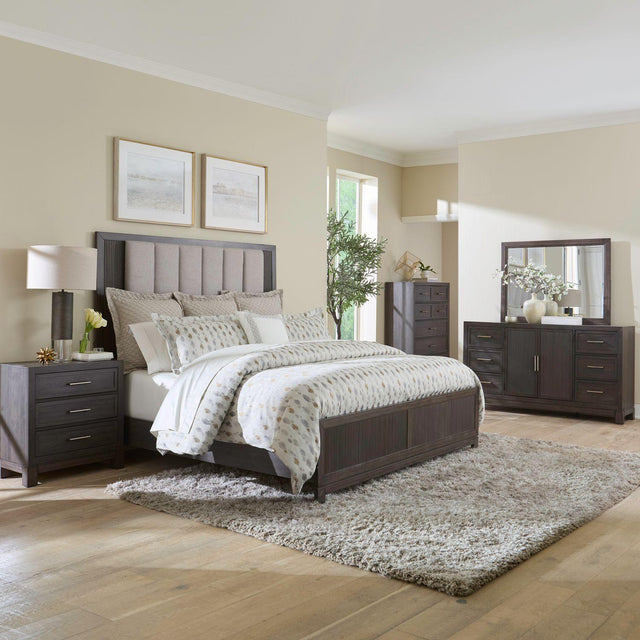 Liberty Furniture Modern Edge - 5 Piece Bedroom Set (Queen Upholstered Bed, Dresser & Mirror, Chest, Night Stand) - Brown
