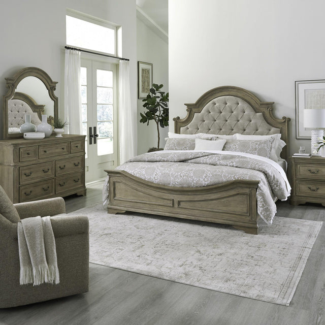 Liberty Furniture Magnolia Manor - 4 Piece Bedroom Set (King Upholstered Bed, Dresser & Mirror, Nightstand) - Light Brown