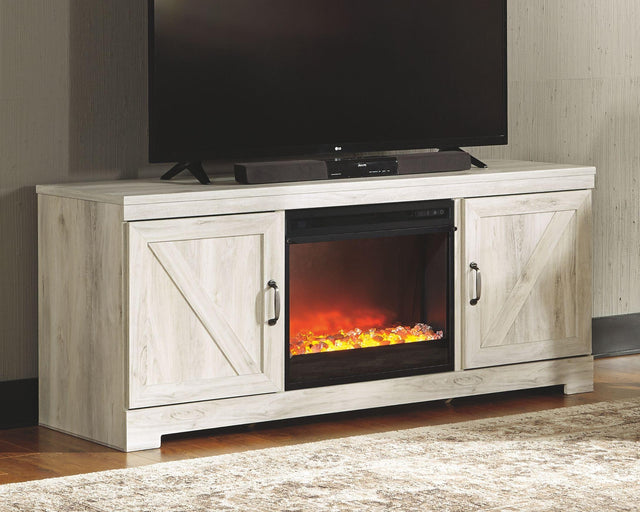 Ashley Bellaby - Whitewash - 2 Pc. - 63" TV Stand with Fireplace Insert Glass/Stone