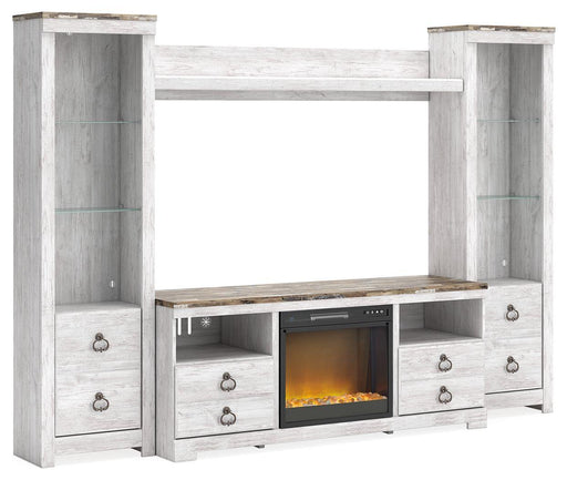 Ashley Willowton - Whitewash - 4-Piece Entertainment Center With 64" TV Stand And Glass/Stone Fireplace Insert
