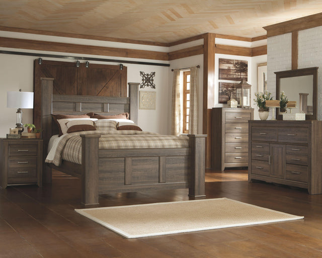 Ashley Juararo - Dark Brown - 7 Pc. - Dresser, Mirror, Chest, Queen Poster Bed, Nightstand