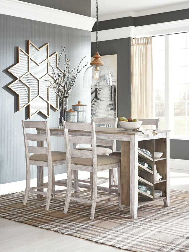 Ashley Skempton - White - 5 Pc. - Counter Table, 4 Upholstered Barstools