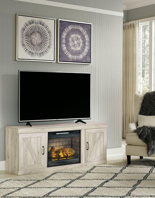 Ashley Bellaby - Whitewash - TV Stand With Faux Firebrick Fireplace Insert