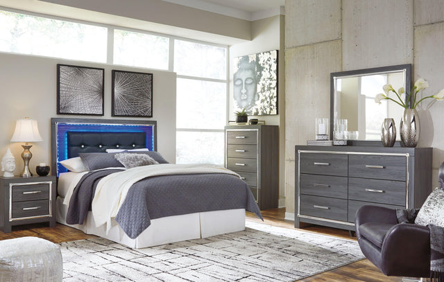 Ashley Lodanna - Gray - 5 Pc. - Dresser, Mirror, Queen Upholstered Panel Headboard with Bolt on Bed Frame, Nightstand