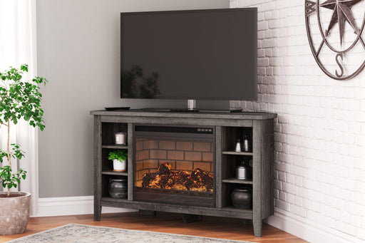 Ashley Arlenbry - Gray - Corner TV Stand With Faux Firebrick Fireplace Insert