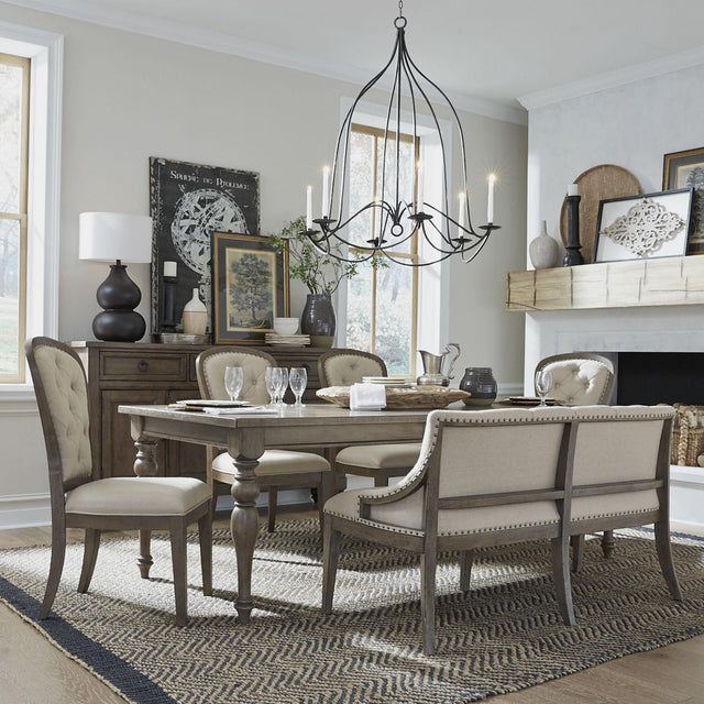 Liberty Furniture Americana Farmhouse - 6 Piece Leg Table Set (Upholstered Tufted Back Side Chairs) - Light Brown