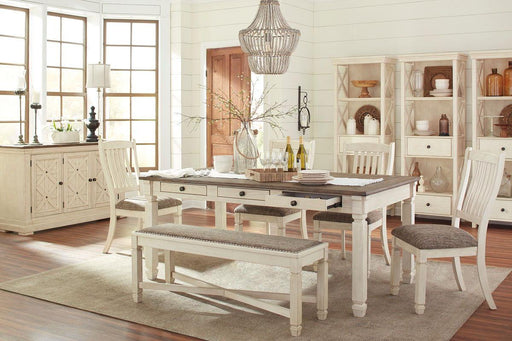 Ashley Bolanburg - Beige - 10 Pc. - Dining Room Table, 4 Side Chairs, Bench, Server, 3 Cabinets
