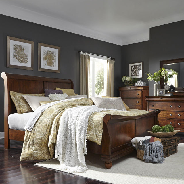 Liberty Furniture Rustic Traditions - 4 Piece Bedroom Set (California King Sleigh Bed, Dresser & Mirror, Chest) - Dark Brown
