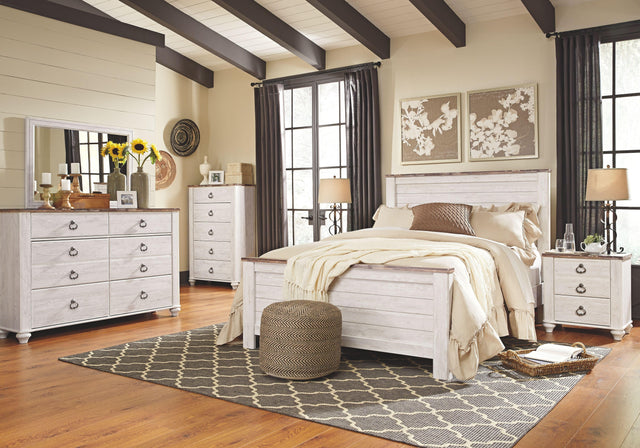 Ashley Willowton - Whitewash - 8 Pc. - Dresser, Mirror, Chest, Queen Panel Bed, 2 Nightstands