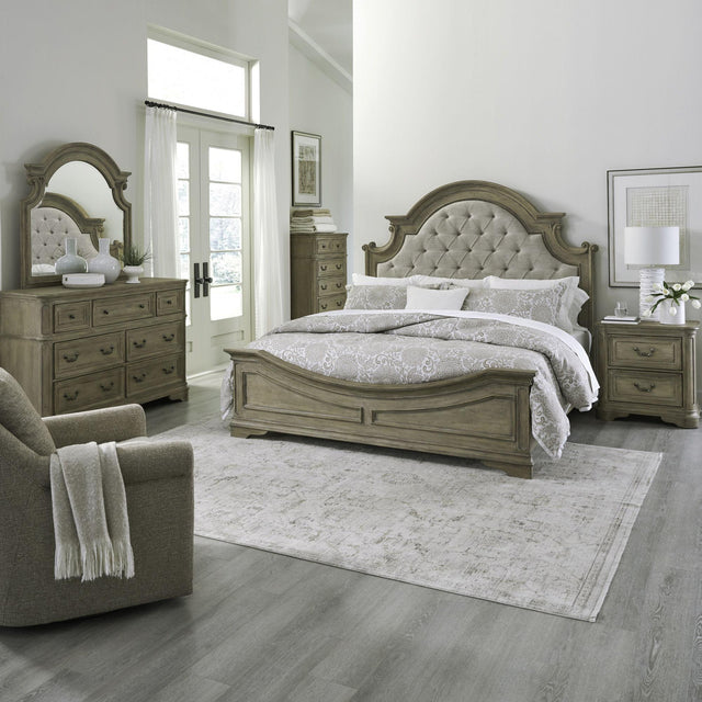 Liberty Furniture Magnolia Manor - 5 Piece Bedroom Set (Queen Upholstered Bed, Dresser & Mirror, Chest, Nightstand) - Light Brown