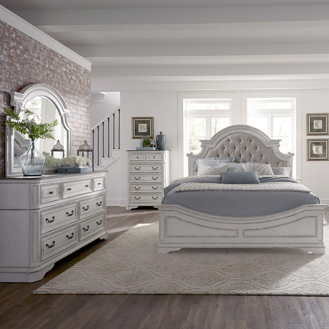 Liberty Furniture Magnolia Manor - 4 Piece Bedroom Set (Queen Upholstered Bed Wooden Footboard, Dresser & Mirror, Chest) - White