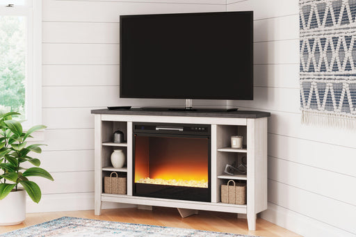 Ashley Dorrinson - White / Black / Gray - Corner TV Stand With Fireplace Insert Glass/Stone
