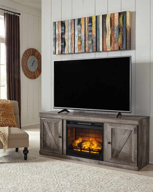 Ashley Wynnlow - Gray - TV Stand With Faux Firebrick Fireplace Insert