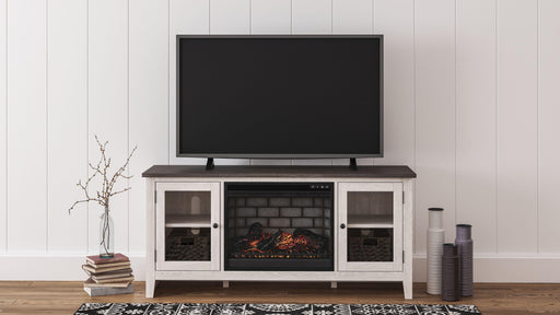 Ashley Dorrinson - White / Black / Gray - 60" TV Stand With Faux Firebrick Fireplace Insert