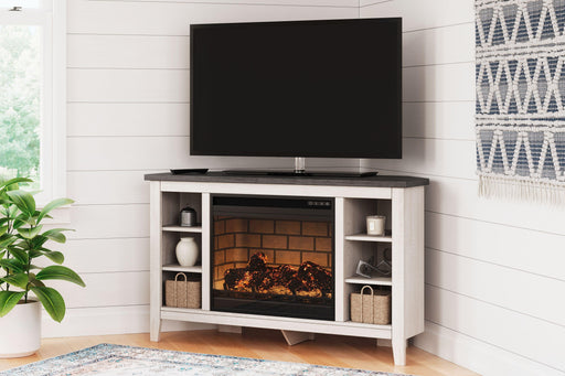 Ashley Dorrinson - White / Black / Gray - Corner TV Stand With Faux Firebrick Fireplace Insert