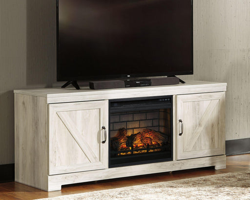 Ashley Bellaby - Whitewash - 63" TV Stand With Faux Firebrick Fireplace Insert