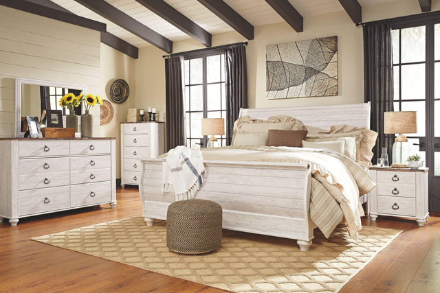 Ashley Willowton - Whitewash - 8 Pc. - Dresser, Mirror, Chest, King Sleigh Bed, 2 Nightstands