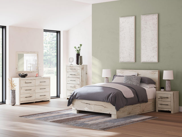 Ashley Lawroy - Light Natural - 7 Pc. - Dresser, Mirror, Queen Panel Bed With 2 Under Bed Storage Units