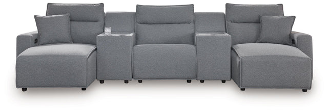 Ashley Modmax - Salt And Pepper - 5-Piece Power Reclining Sectional With Double Chaise And 2 Storage Consoles