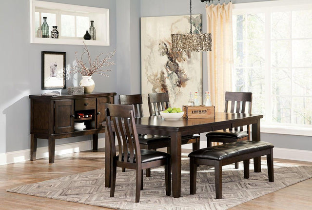 Ashley Haddigan - Dark Brown - 7 Pc. - Extension Table, 4 Side Chairs, Bench, Server