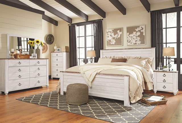 Ashley Willowton - Whitewash - 8 Pc. - Dresser, Mirror, Chest, California King Panel Bed, 2 Nightstands