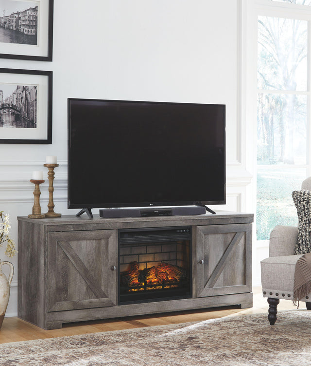 Ashley Wynnlow - Gray - 2 Pc. - 63" TV Stand with Faux Firebrick Fireplace Insert