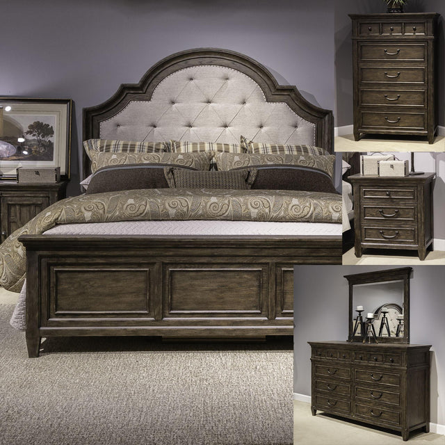 Liberty Furniture Paradise Valley - 5 Piece Bedroom Set (Queen Upholstered Bed, Dresser & Mirror, Chest, Nightstand) - Dark Brown
