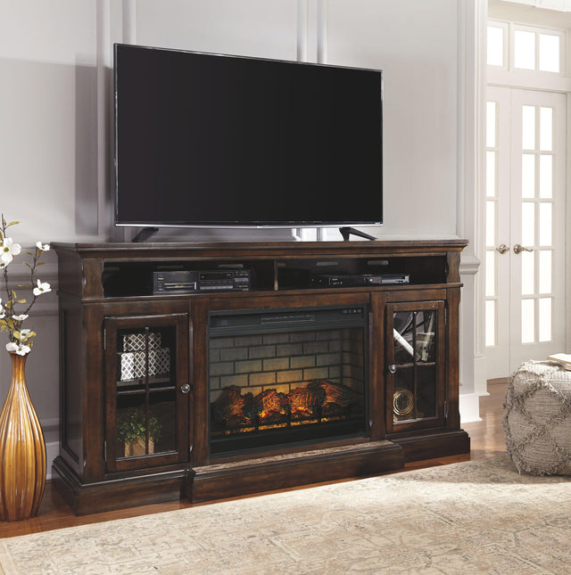Ashley Roddinton - Dark Brown - 2 Pc. - 74" TV Stand With Electric Infrared Fireplace Insert