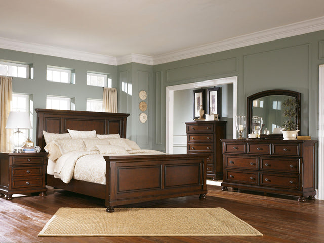 Ashley Porter - Rustic Brown - 6 Pc. - Dresser, Mirror, California King Panel Bed, Nightstand