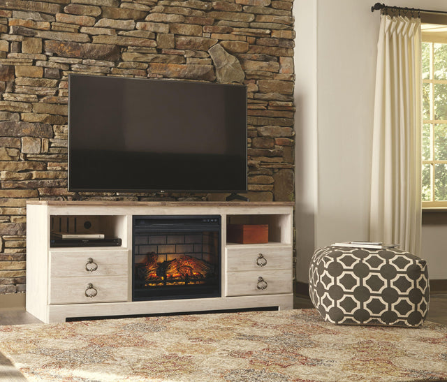 Ashley Willowton - Whitewash - 2 Pc. - 64" TV Stand with Faux Firebrick Fireplace Insert