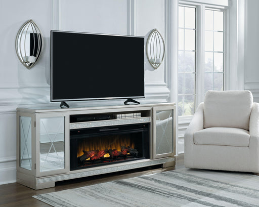 Ashley Flamory - Silver - 72" TV Stand With Electric Infrared Fireplace Insert