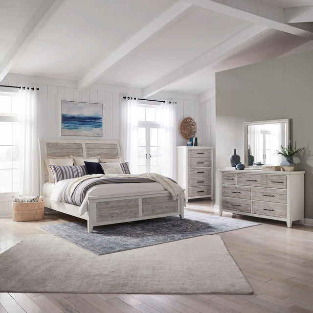 Liberty Furniture Backroads - 4 Piece Bedroom Set (King California Sleigh Bed, Dresser & Mirror, Chest) - Weathered White & Parchment Brown