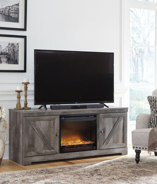 Ashley Wynnlow - Gray - 63" TV Stand With Glass/Stone Fireplace Insert