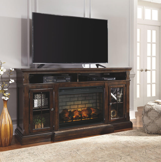 Ashley Roddinton - Dark Brown - 2 Pc. - 74" TV Stand with Electric Infrared Fireplace Insert