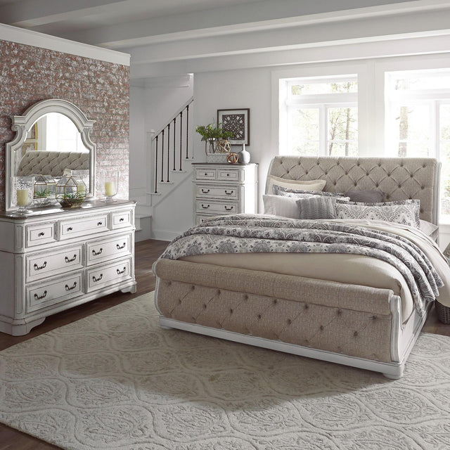 Liberty Furniture Magnolia Manor - 4 Piece Bedroom Set (California King Upholstered Sleigh Bed, Dresser & Mirror, Chest) - White