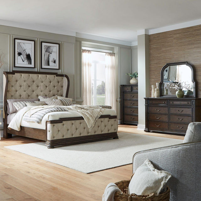 Liberty Furniture Provence Park - 4 Piece Bedroom Set (King Shelter Bed, Dresser & Mirror, Chest) - Brown