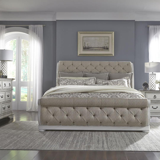 Liberty Furniture Abbey Park - Queen Upholstered Sleigh Bed, Dresser & Mirror, Night Stand - White