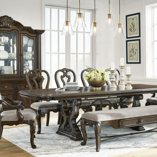 Ashley Maylee - Dark Brown - 11 Pc. - Dining Extension Table, 4 Side Chairs, 2 Arm Chairs, Storage Bench, Buffet And Hutch
