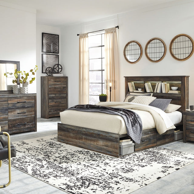 Ashley Drystan - Brown / Beige - 8 Pc. - Dresser, Mirror, Chest, King Bookcase Bed With 4 Storage Drawers