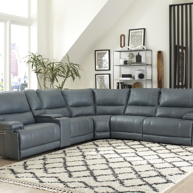 Parker House Whitman - Powered by Freemotion 6 Piece Modular Power Reclining Sectional with Power Headrests and Entertainment Console - Verona Azure