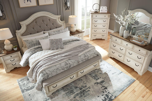 Ashley Realyn - White / Brown / Beige - California King Upholstered Bed - 8 Pc. - Dresser, Mirror, Chest, Cal King Bed, 2 Nightstands
